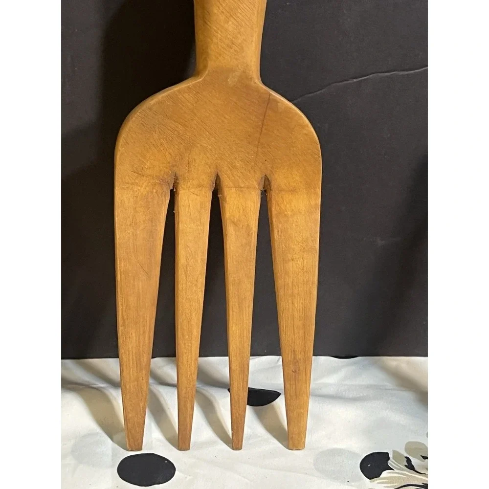 Wood Salad Fork & Spoon Mid Century Tribal Hand‎ Carved Decor 12